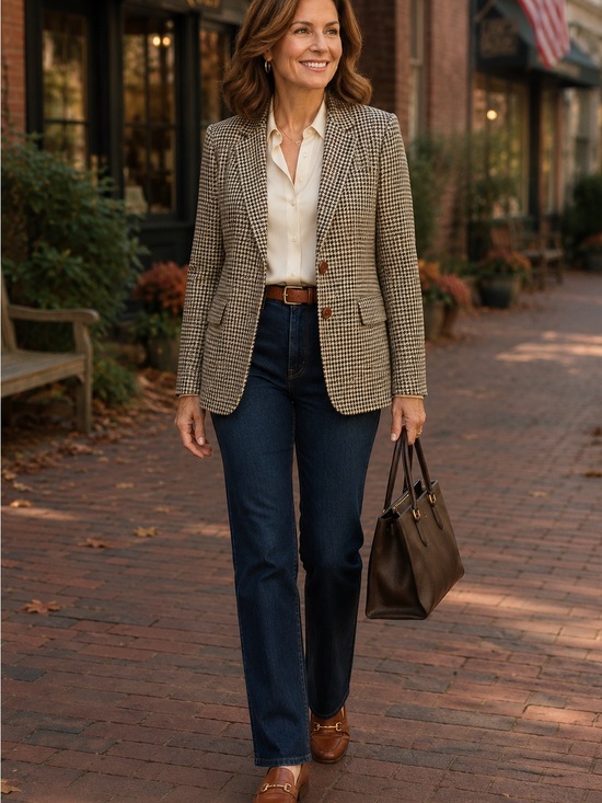 Modern Essentials Jackets & Blazers - Women’s Wool Blend Houndstooth Plaid Blazer Heritage Preppy Quiet Luxury